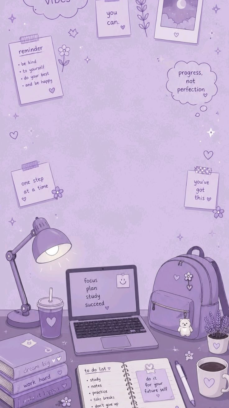 A study desk with a planner, notebook, and reminders